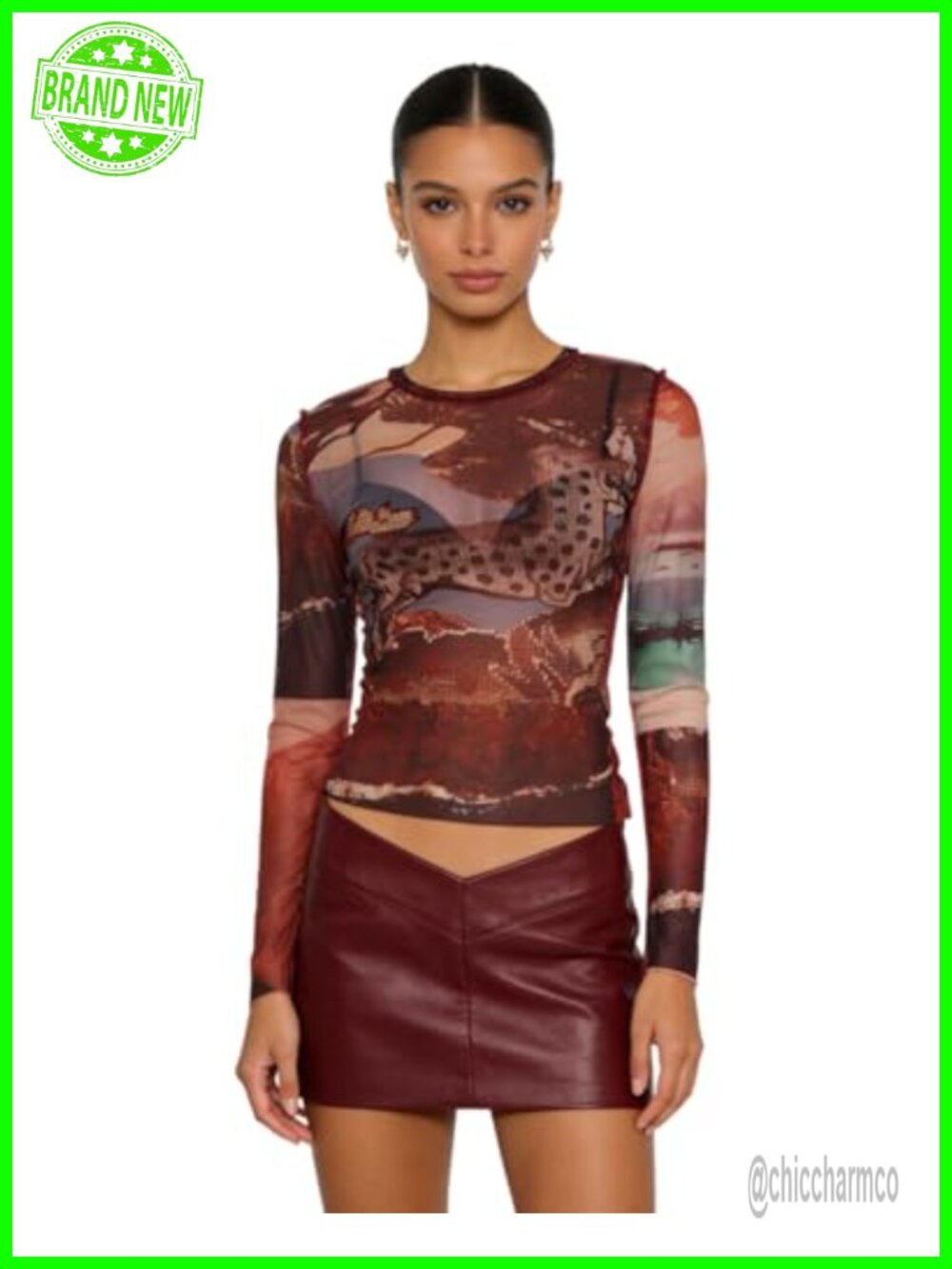 Sheer Mesh Long Sleeve Abstract Print Slim Fit Crew Neck Crop Top
